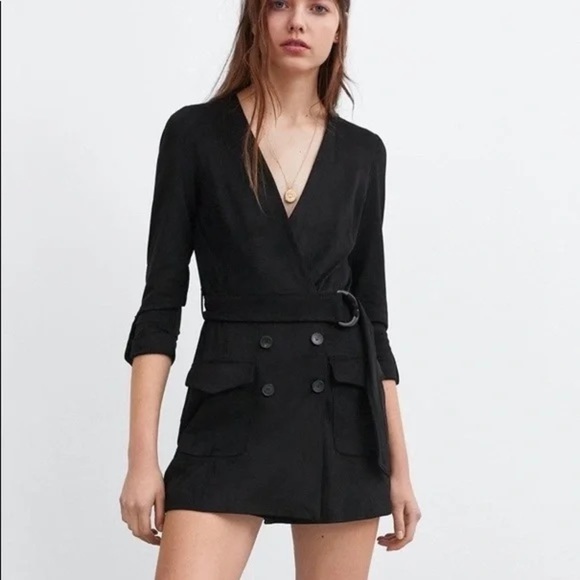 ZARA Black Faux Suede Romper Belted Blazer Dress Deep V Size Small Spring Sexy - Picture 1 of 8
